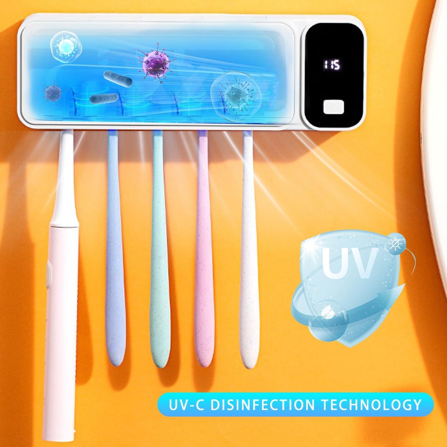 Toothbrush Cleaner with 5 Slots, Rechargeable Wall Mounted Toothbrush Holders for Bathroom Family, No Drilling Smart Timer Function Auto Cleaning, Birthday Gift Pick