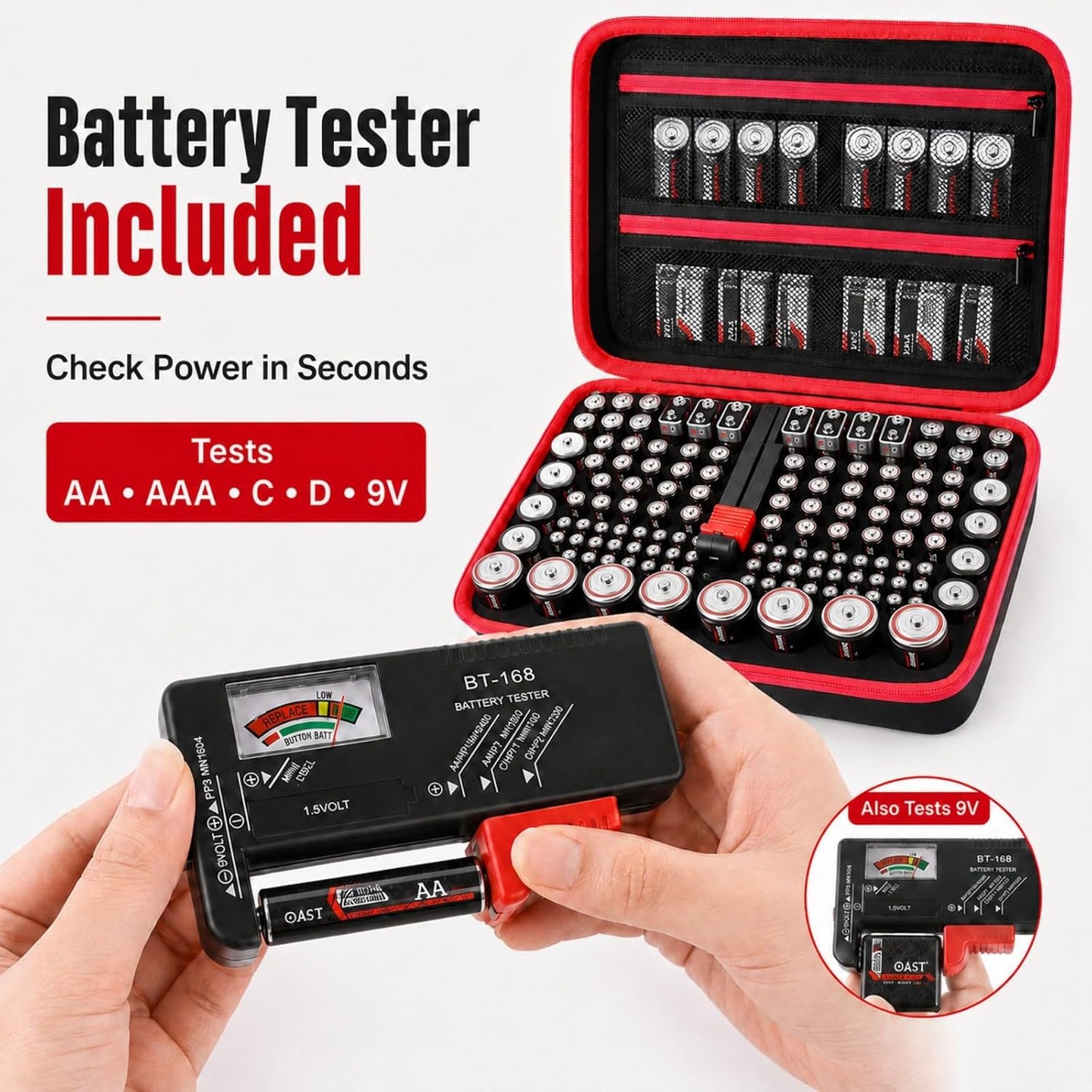 Comecase Battery Storage Case with Tester, Holds 148+ AA AAA C D 9V, Black | Hard-Shell Design, Carry Handle and Custom Foam Slots Keep Batteries Visible, Separated and Ready for Home, Garage or Office