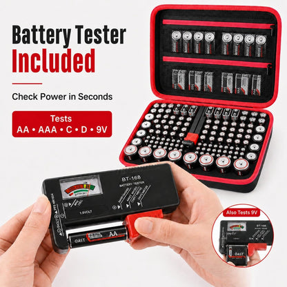 Comecase Battery Storage Case with Tester, Holds 148+ AA AAA C D 9V, Black | Hard-Shell Design, Carry Handle and Custom Foam Slots Keep Batteries Visible, Separated and Ready for Home, Garage or Office