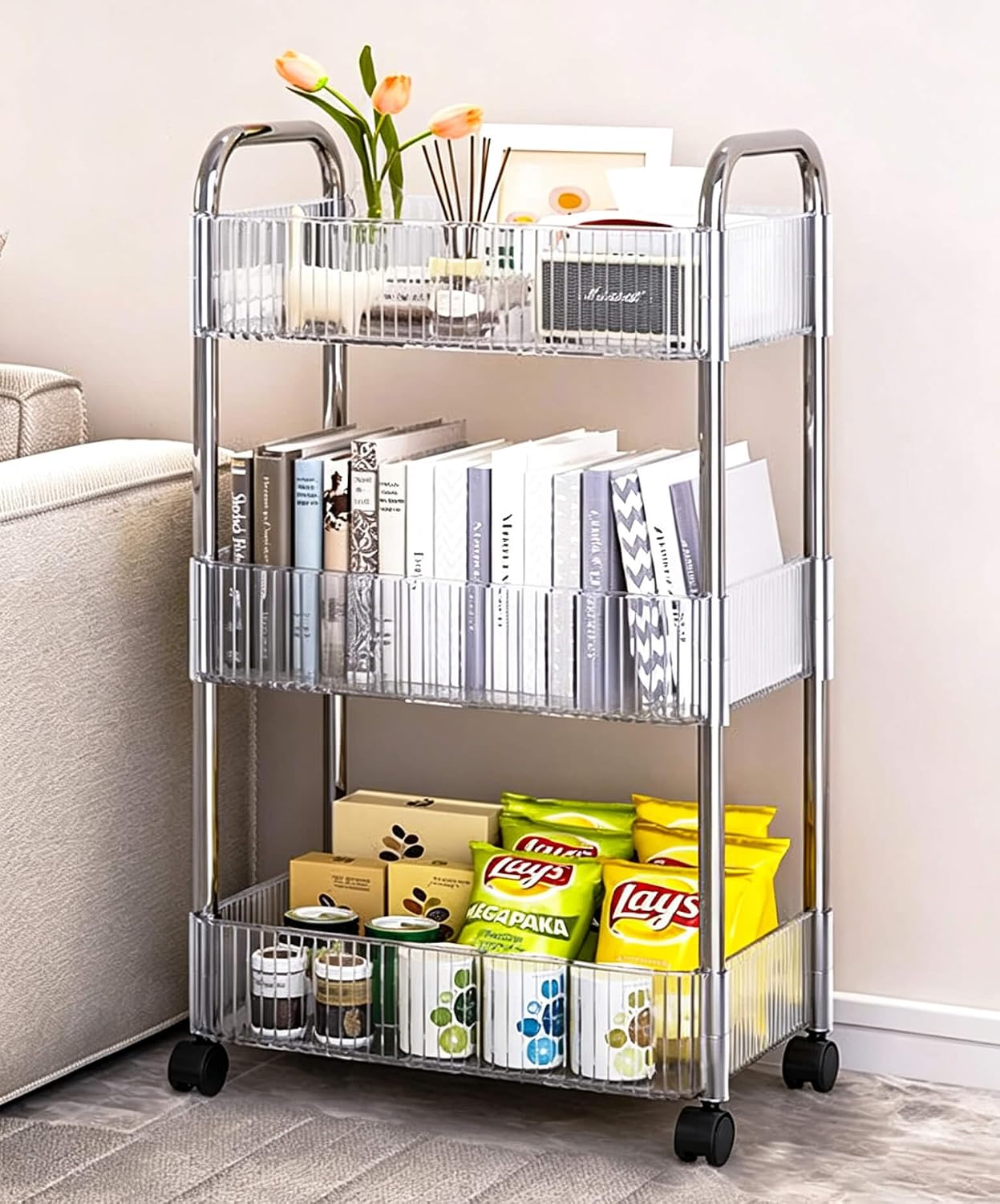 4-Tier Plastic Rolling Utility Cart with Wheels, Multifunctional Storage Organizer Cart for Home, Office, Kitchen & Bathroom, Ultra Narrow & Clear, 4.7”W * 12.8”L * 33”H