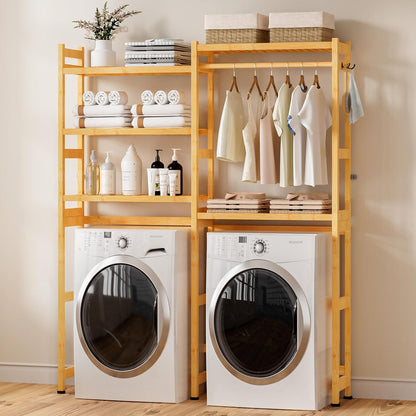 Cozivolife Over The Washer and Dryer Storage Shelf Bamboo,5 Tiers Laundry Room Drying Rack with Adjustable Shelves and 4 Hooks,Space Saver Organizer for Hanging Clothes and Towels (White)