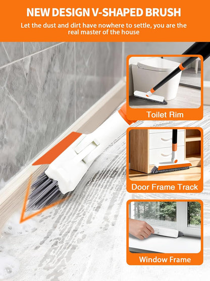 4-in-1 Baseboard Cleaning Tool with Extendable Handle 5 Reusable Pads 1 Carpet Rake Stiff Bristle Brush Multi-Surface Baseboard Brush for Cleaning Baseboard Wall Carpet Floor Bathroom Kitchen Pet Hair