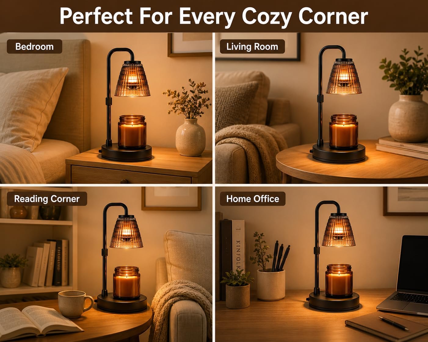 Candle Warmer Lamp with Timer, Dimmer, Vintage Glass Shade | Adjustable height, 2/4/8-hour timer, wood base, 2 bulbs included
