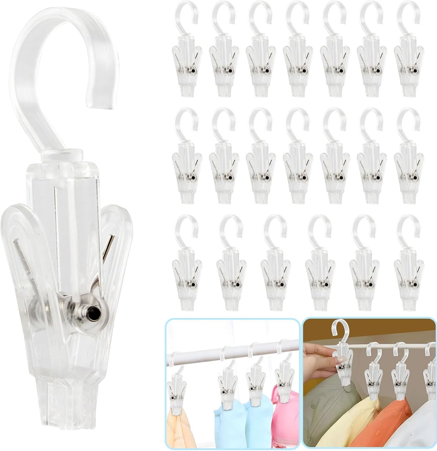 VinBee 20 PCS Laundry Hooks with Clips Super Strong Plastic Home Travel Swivel Hanging Hanger Closet Organizer Clamps Socks Boot Bras Towels for Bathroom Wardrobe Kitchen Office - 4.3 Inches (Black)