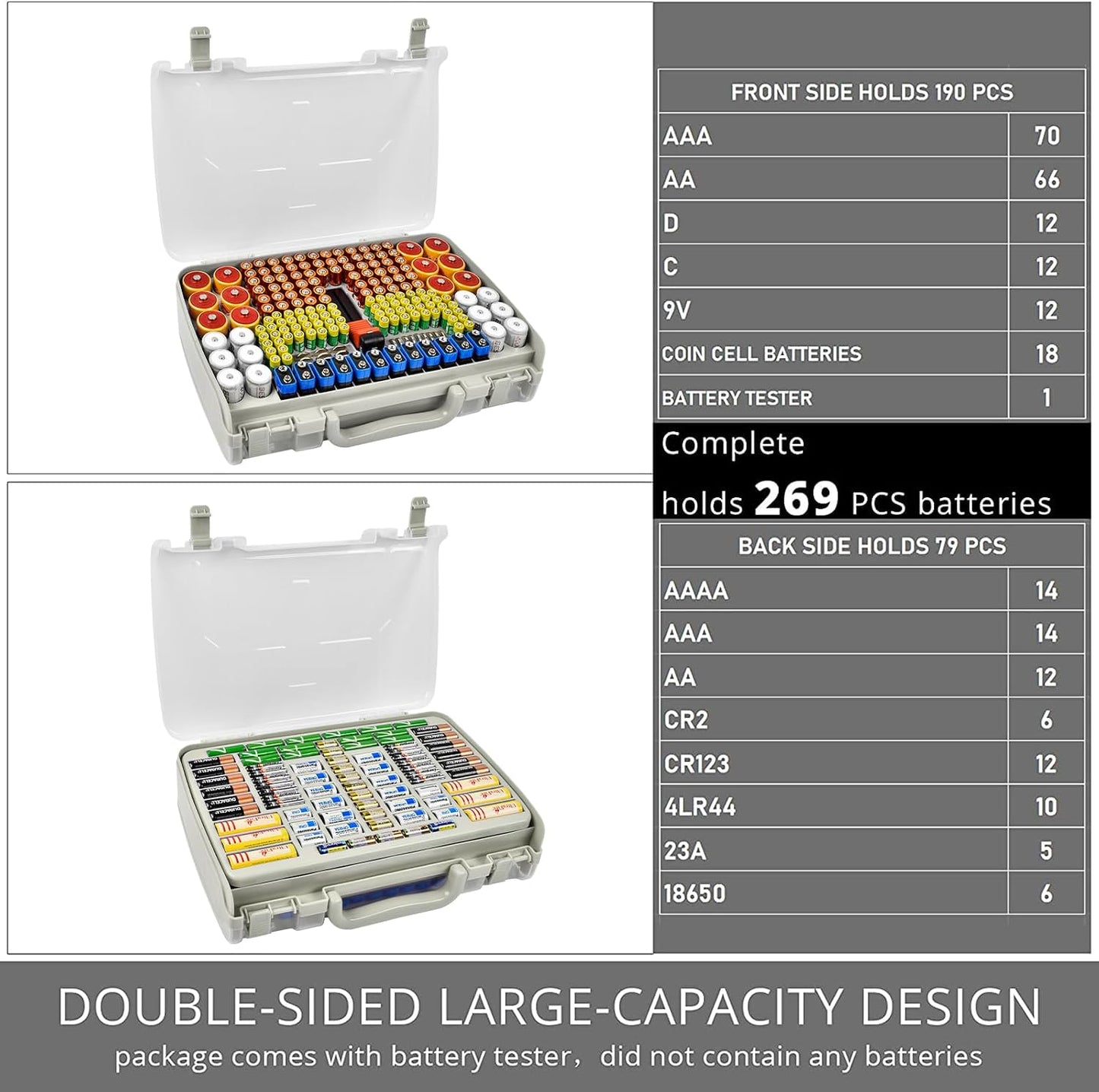 Battery Organizer Storage Case with Tester for 269 Batteries, Double Sides | Plastic, For AA AAA 4A C D Cell 9V 3V LR44 CR2 CR123 CR1632 18650 Button, Wall/Drawer, For Families/DIY/Home/Garage, Grey