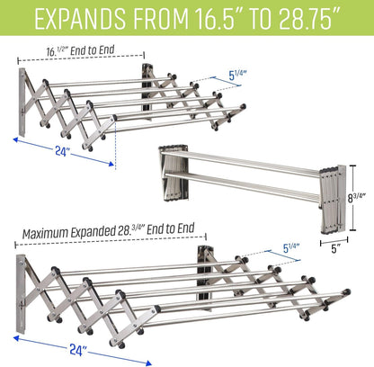 Smartsome Wall Mounted Clothes Drying Rack | Adjustable to Fit Your Space | 20 Linear Feet Drying Capacity | 8 Stainless Steel Rods | 60 lb Capacity | Fully Assembled | Compact Space-Saving Design