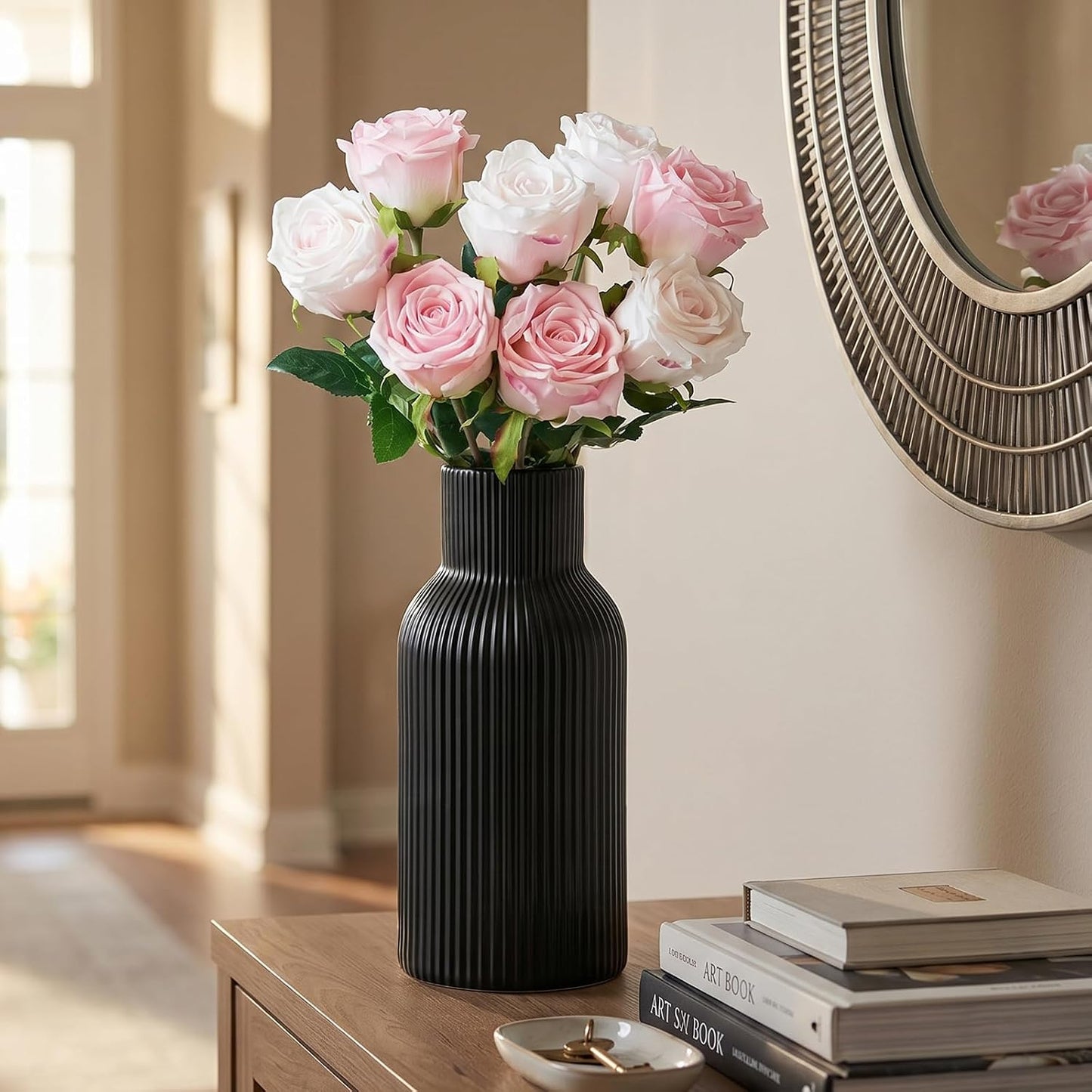 White Ceramic Flower Vases Set of 3, Modern Matte Vertical Ribbed, Nordic Minimalist Decor for Pampas, Dried & Fresh Flowers, Centerpiece for Living Room, Shelf, Entryway, Wedding,Office