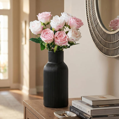White Ceramic Flower Vases Set of 3, Modern Matte Vertical Ribbed, Nordic Minimalist Decor for Pampas, Dried & Fresh Flowers, Centerpiece for Living Room, Shelf, Entryway, Wedding,Office