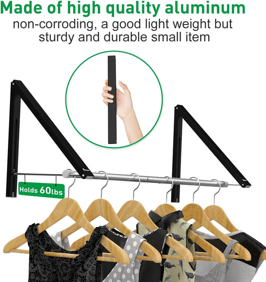 Laundry Room Drying Rack Wall Mounted Clothes Hanger Folding Wall Coat Racks Aluminum Home Storage Organiser Space Savers White 2 Rakcs with Rod