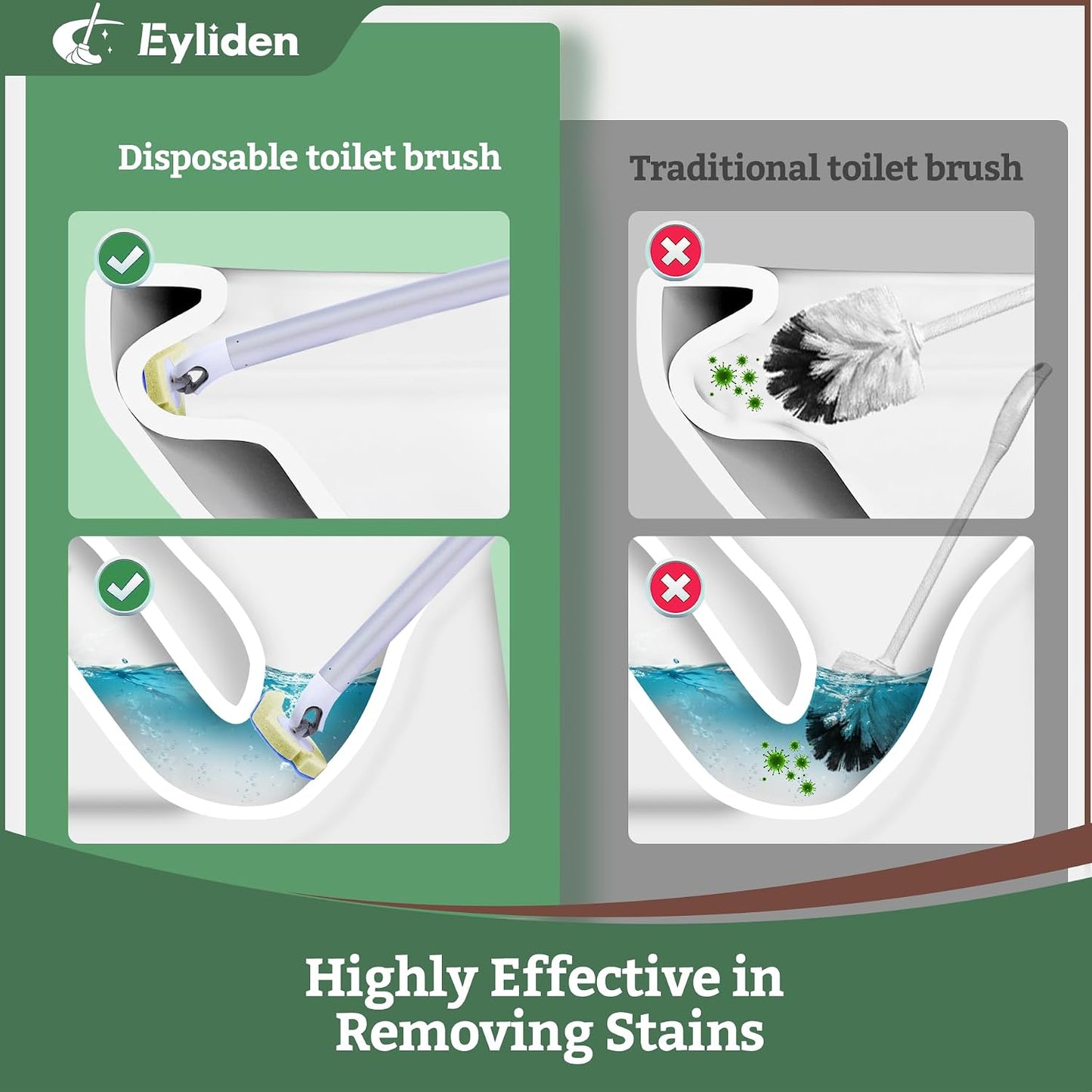 Eyliden Disposable Toilet Brush with Holder, 40-Refill Touch-Free Wand Kit | Pre-Soaked Concentrated Cleaner Sponge, Auto-open Caddy, 19.5" Aluminum Handle, 42 Set Toilet Bowl Cleaing, for Bathroom/RV