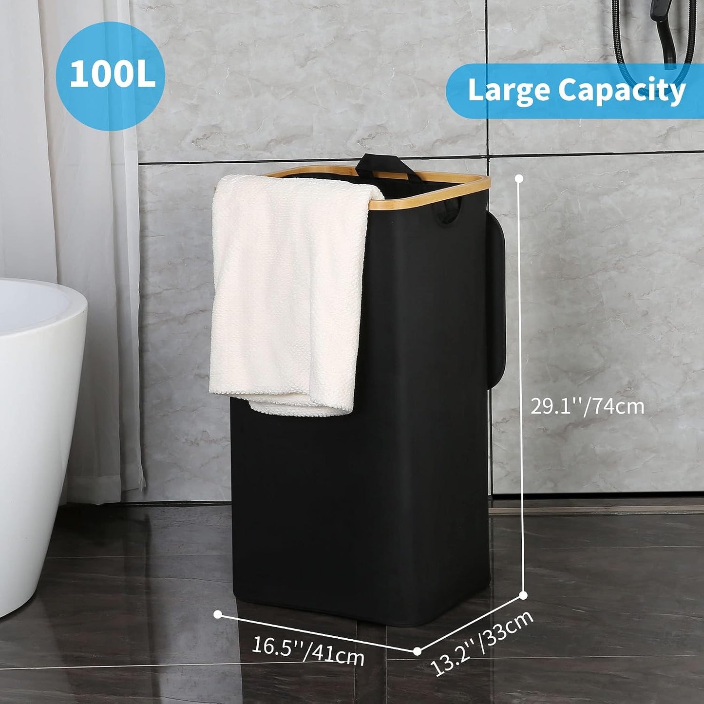 efluky Slim Laundry Basket with Lid, Narrow Laundry Hamper with Removable Bag, Skinny Dirty Clothes Basket with Bamboo Handles for Bathroom, Bedroom & Laundry Room, 75L Beige