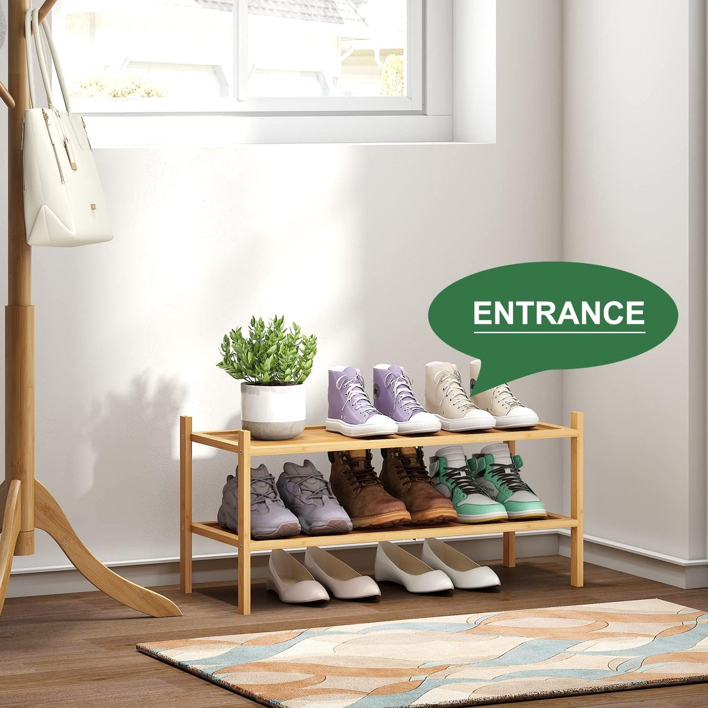 kiplant Small Shoe Rack, 4-Tier Bamboo Wood Shoe Rack for Entryway, Stackable Shoe Organizer for Hallway Closet, Free Standing Shoe Racks for Indoor & Outdoor