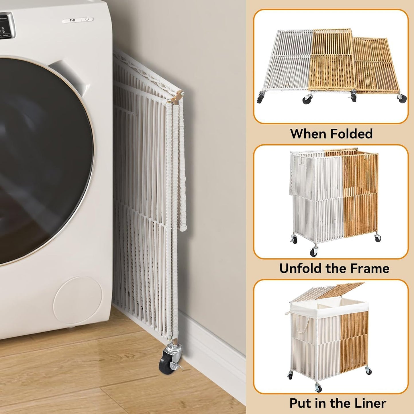 WOWLIVE Laundry Hamper with Wheels, 160L Handwoven Rolling Laundry Basket 3 Section with Lid, Clothes Hamper with Removable Liner Bags, Large Capacity Laundry Sorter Laundry Room Organization, Natural