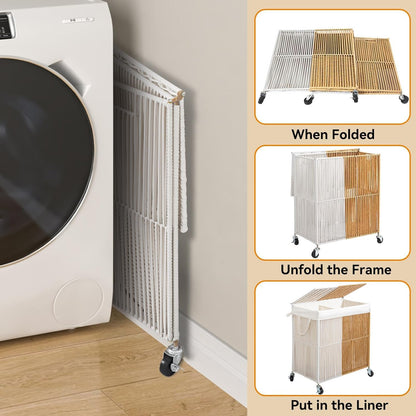WOWLIVE Laundry Hamper with Wheels, 160L Handwoven Rolling Laundry Basket 3 Section with Lid, Clothes Hamper with Removable Liner Bags, Large Capacity Laundry Sorter Laundry Room Organization, Natural