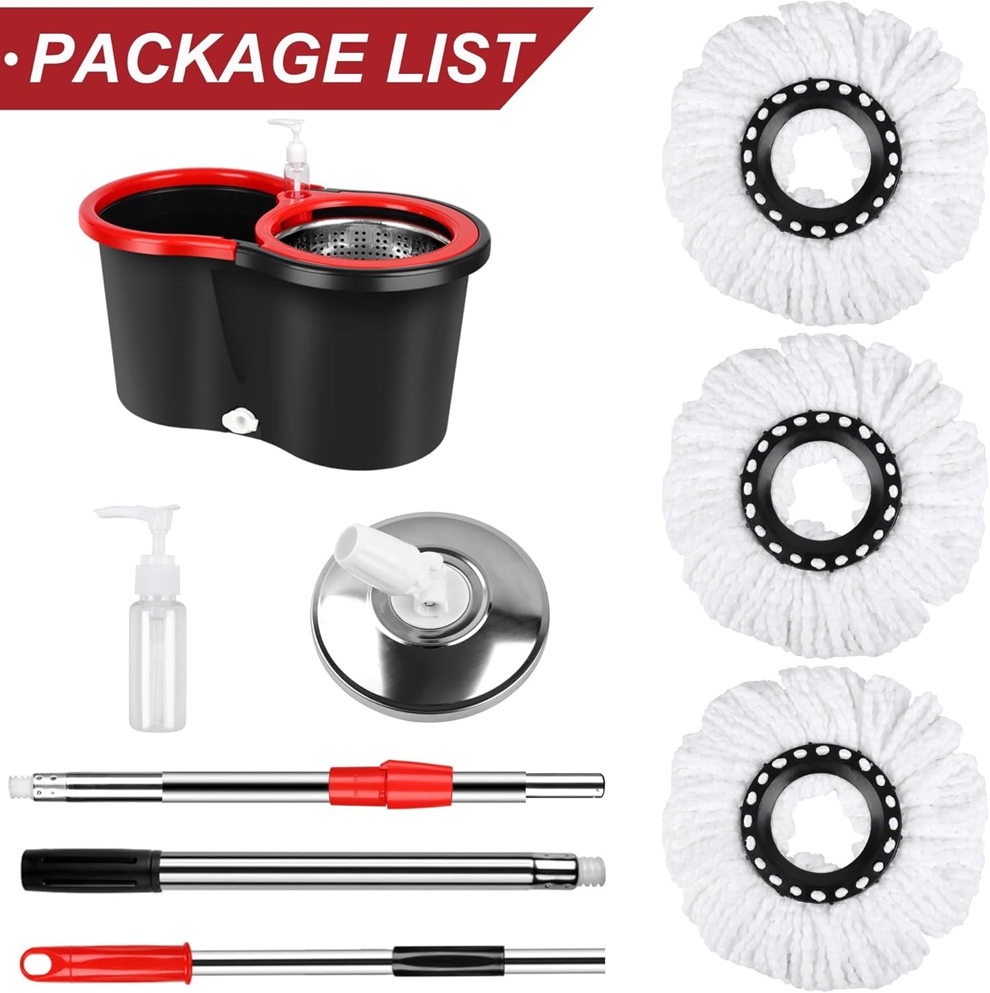 Spin Mop and Bucket with Wringer Set on Wheels, 360 Spinning Mop with Stainless Steel Handle for All Hard Surfaces, Floor Cleaning System with 3 Microfiber Replacement Heads, Black/Red