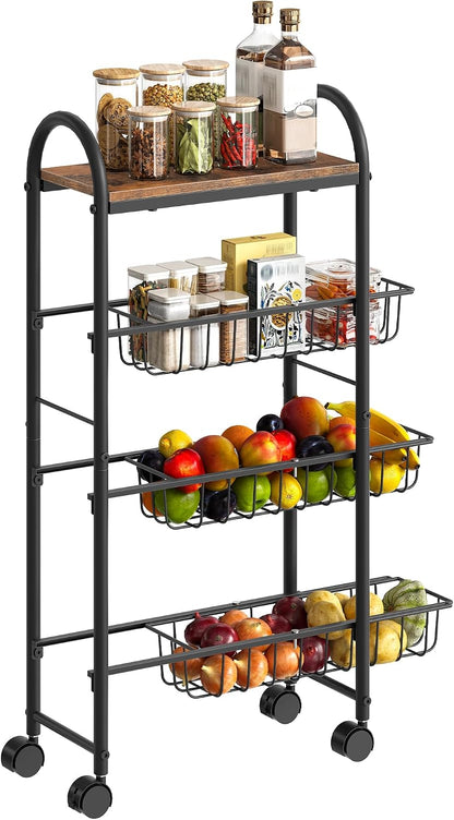 CHOEZON Slim Storage Cart, Storage Shelf on Wheels, Storage Rack with Pull-Out Baskets, Movable Cart with Handles, for Kitchen, Laundry Room, Living Room, Black and Rustic Brown TTC05BF