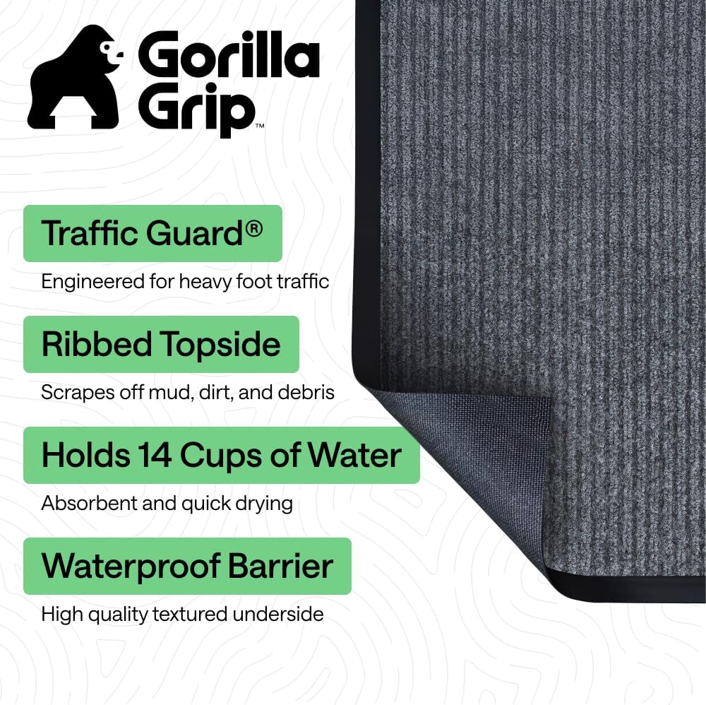 GORILLA GRIP Waterproof Traffic Guard Door Mat, Heavy Duty Entryway Mats, Strong Backing Commercial Utility Rugs for Office Hallway, Garage Floor and Home, Low Profile Carpet Runner, 29x17, Black