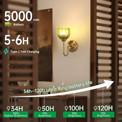 Set of 2 Vintage Battery Operated Wall Sconce, Rechargeable Wall Lamp with 5000mAh Battery & Remote Control, Dimmable Wall Lights with tulip shade for Bedroom Bathroom Living Room, (Tulip Amber Up)