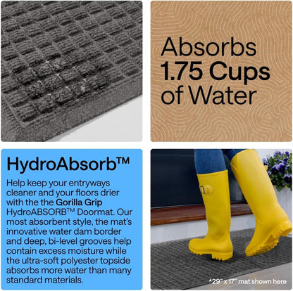 GORILLA GRIP® Ultra Absorbent Front Door Mat Outside Entrance, Traps Dirt and Moisture, HydroABSORB Indoor Outdoor Doormat Holds Up to 1.7 Cups Water, Stain and Fade Resistant Welcome Mat, 29x17 Black