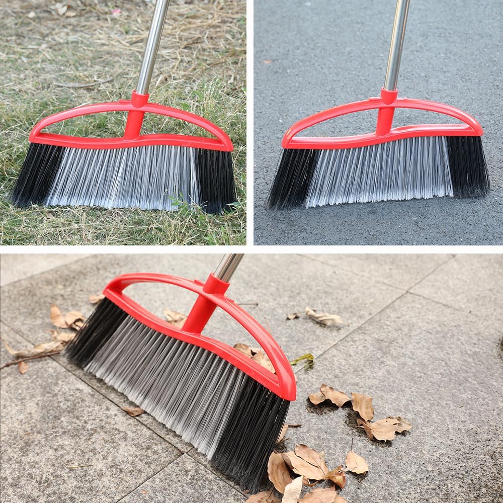 Commercial Heavy Duty Outdoor Broom, 15.7" Extra Wide Angle Broom with 4-Layer Stiff Bristles, Adjustable 38-53.5" Handle for Patio Garage Garden Yard Concrete (Red)
