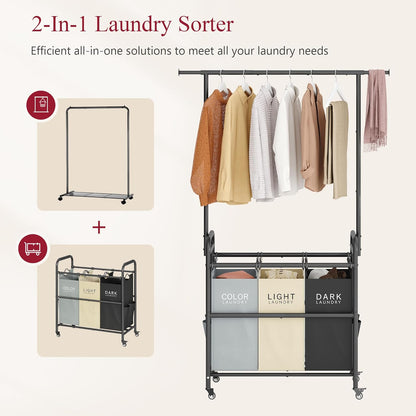 Tajsoon Laundry Hamper with Hanging Rack, 3 Section Laundry Sorter with Heavy Duty Lockable Wheels, Laundry Basket Organizer for Dirty Clothes Storage, 3 Beige