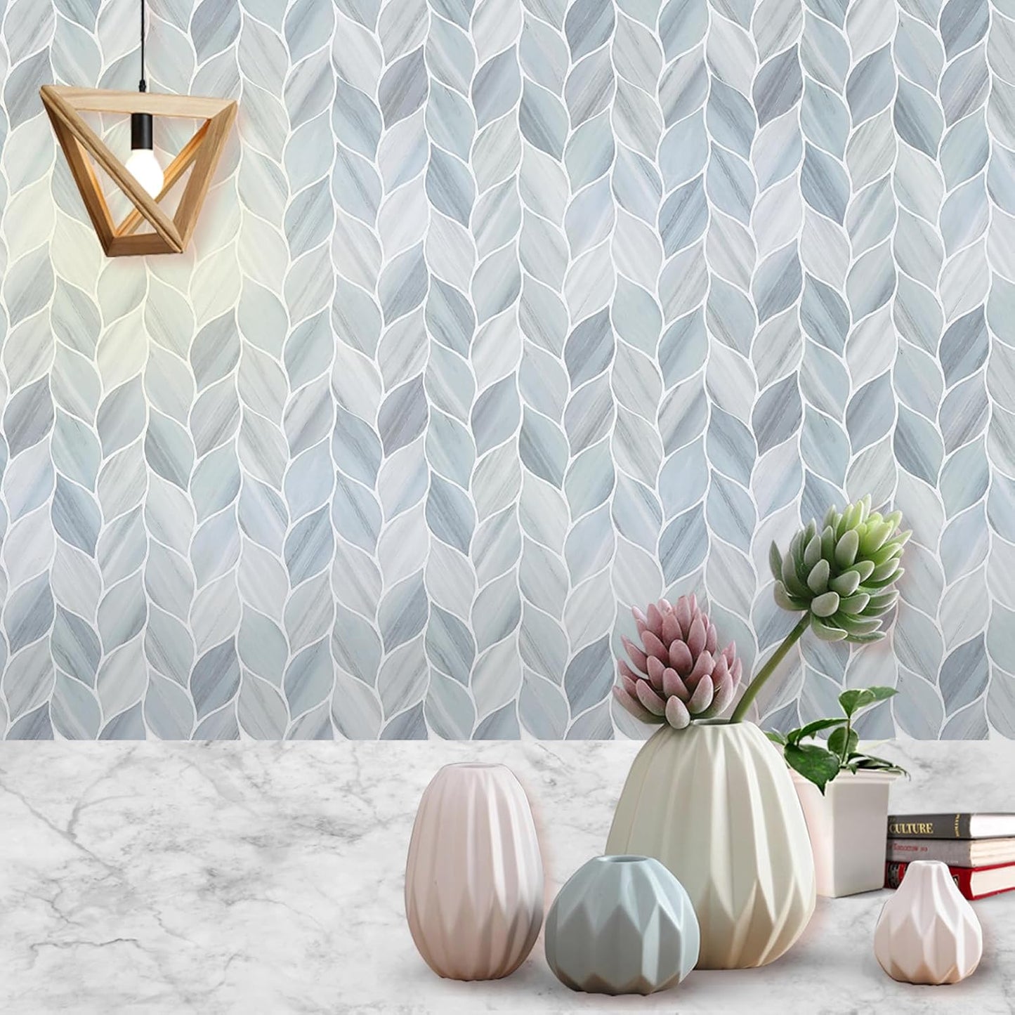 Tilingview 10 Pcs Vinyl Leaf Peel and Stick Tile for Kitchen Backsplash, Premium Self-Adhesive Tiles Plastic Wall Stickers Art Mosaics (Blue Gray)