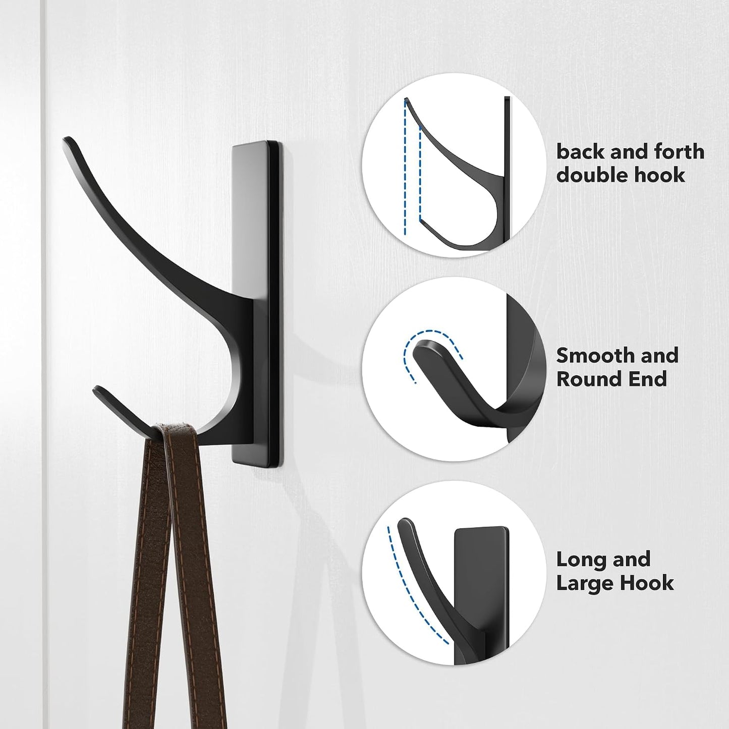 pickpiff White Self Adhesive Coat Hooks for Hanging: 13LB Extra Strong Stainless Wall Hook for Towel, Utensil, Backpack, Hat, Sturdy Metal Hanger for Bathroom, Kitchen, Door, 4-Pack