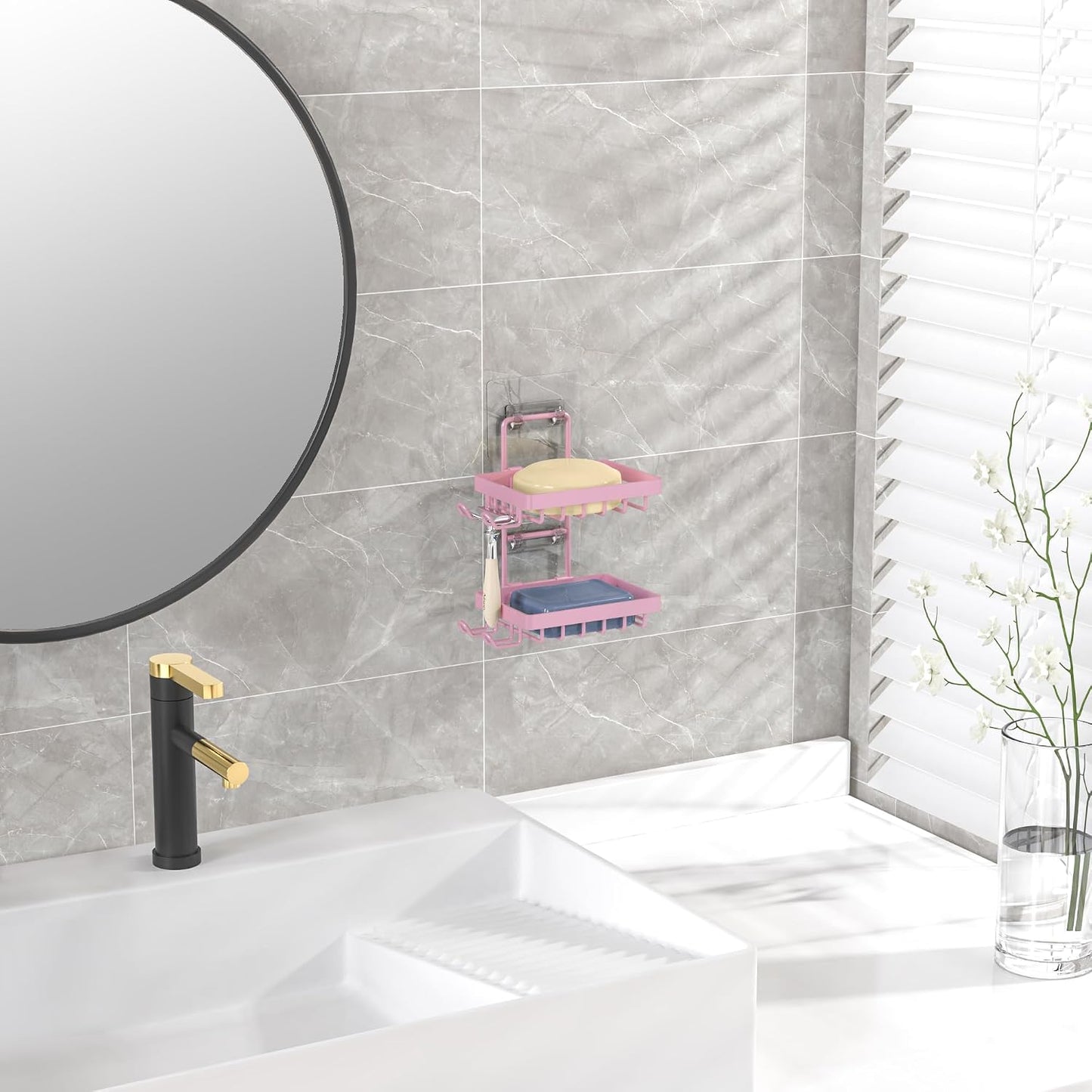 Moforoco Double Soap Bar Holder for Shower, No Drilling, 304 Stainless Steel, Wall Mounted Soap Holder with 4 Hooks and Razor Holder, Shower Rack Soap Tray Bar Soap for Bathroom Accessories Organizer