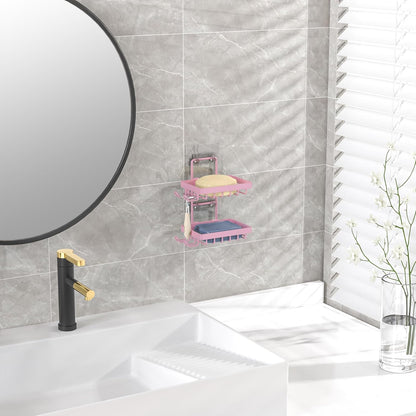Moforoco Double Soap Bar Holder for Shower, No Drilling, 304 Stainless Steel, Wall Mounted Soap Holder with 4 Hooks and Razor Holder, Shower Rack Soap Tray Bar Soap for Bathroom Accessories Organizer