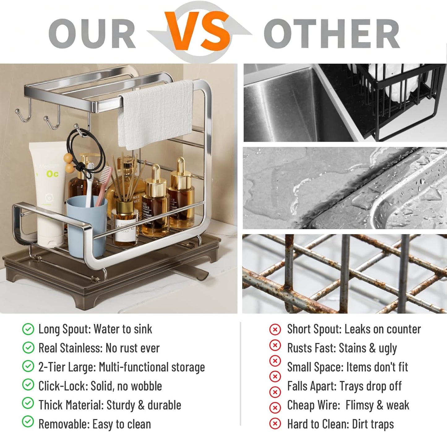 PureBox Sponge Holder for Kitchen Sink with Auto-Drain, 2-Tier Extra-Wide 3-Bar Stainless Steel Rustproof Sink Organizer & Sink Caddy, Countertop Must-Have with Removable Drip Tray (9.45" x 6.5")