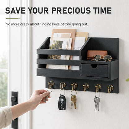 FifthQuarter Key Holder Wall Mount: Key and Mail Holder for Wall with 6 Hooks and Storage Drawer, Easy Installation Key Rack for Entryway Home Decor (A-White)