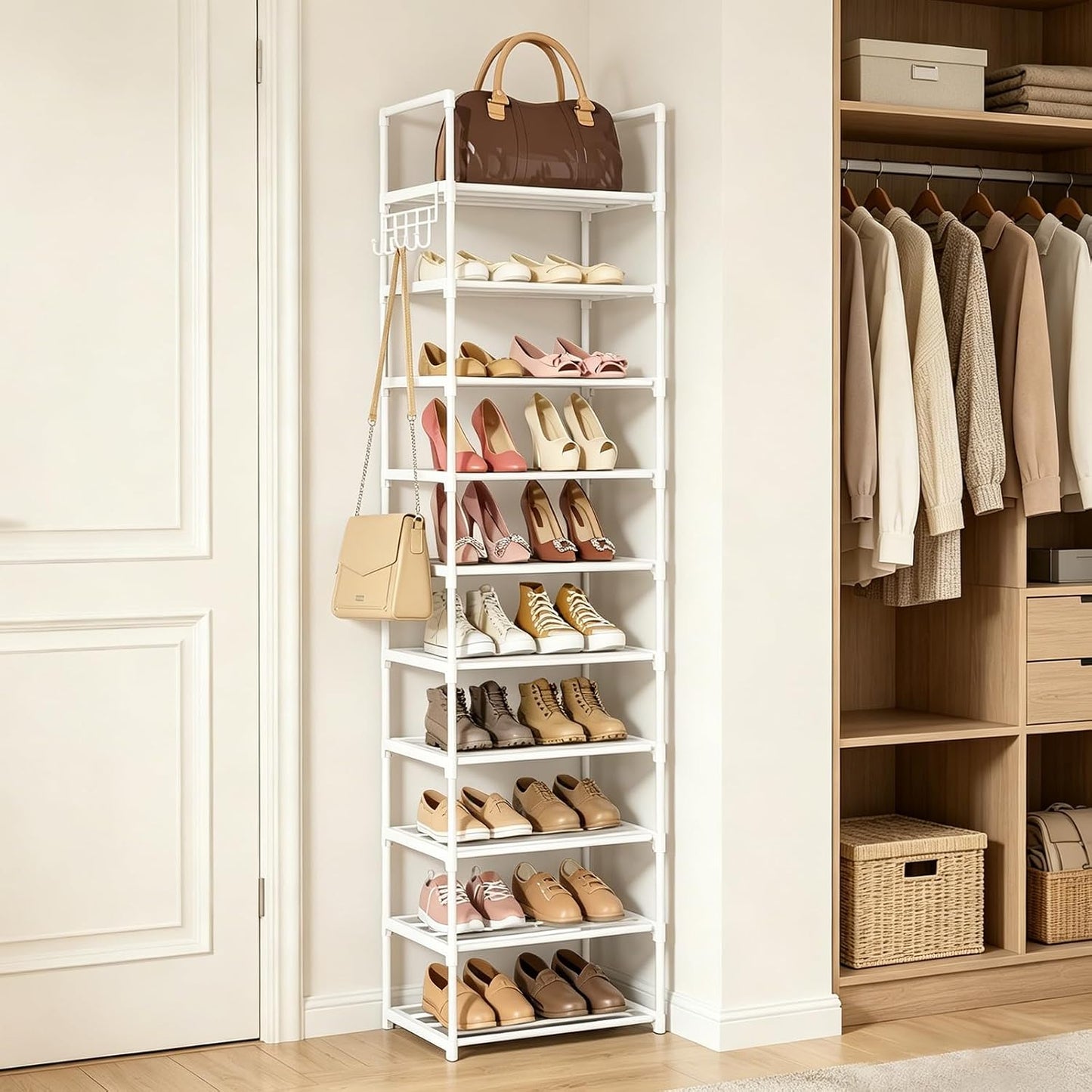 Narrow Shoe Rack 10 Tiers Tall Shoe Rack for Entryway Closet 20 24 Pairs Shoe & Boots Organizer Storage Shelf Durable Black Metal Stackable Shoe Cabinet with Hooks, 17.1D x 11.8W x 78.7H in