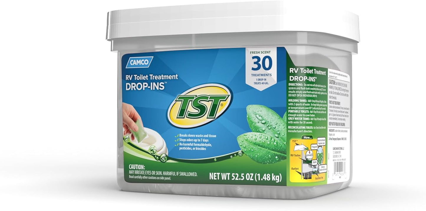 Camco TST MAX RV Toilet Treatment Drop-INs - Control Unwanted Odors and Break Down Waste and Tissue - Septic Tank Safe - Lavender Scent - 30-pack (41553)