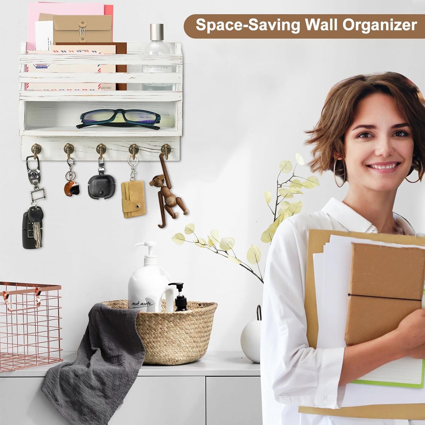 Mail and Key Organizer for Wall – Key Holder Wall Mount with Storage Box and 5 Key Hooks, Mail Holder Wall Mounted for Entryway, Apartment, Office, Home Decor Organization (Brown)