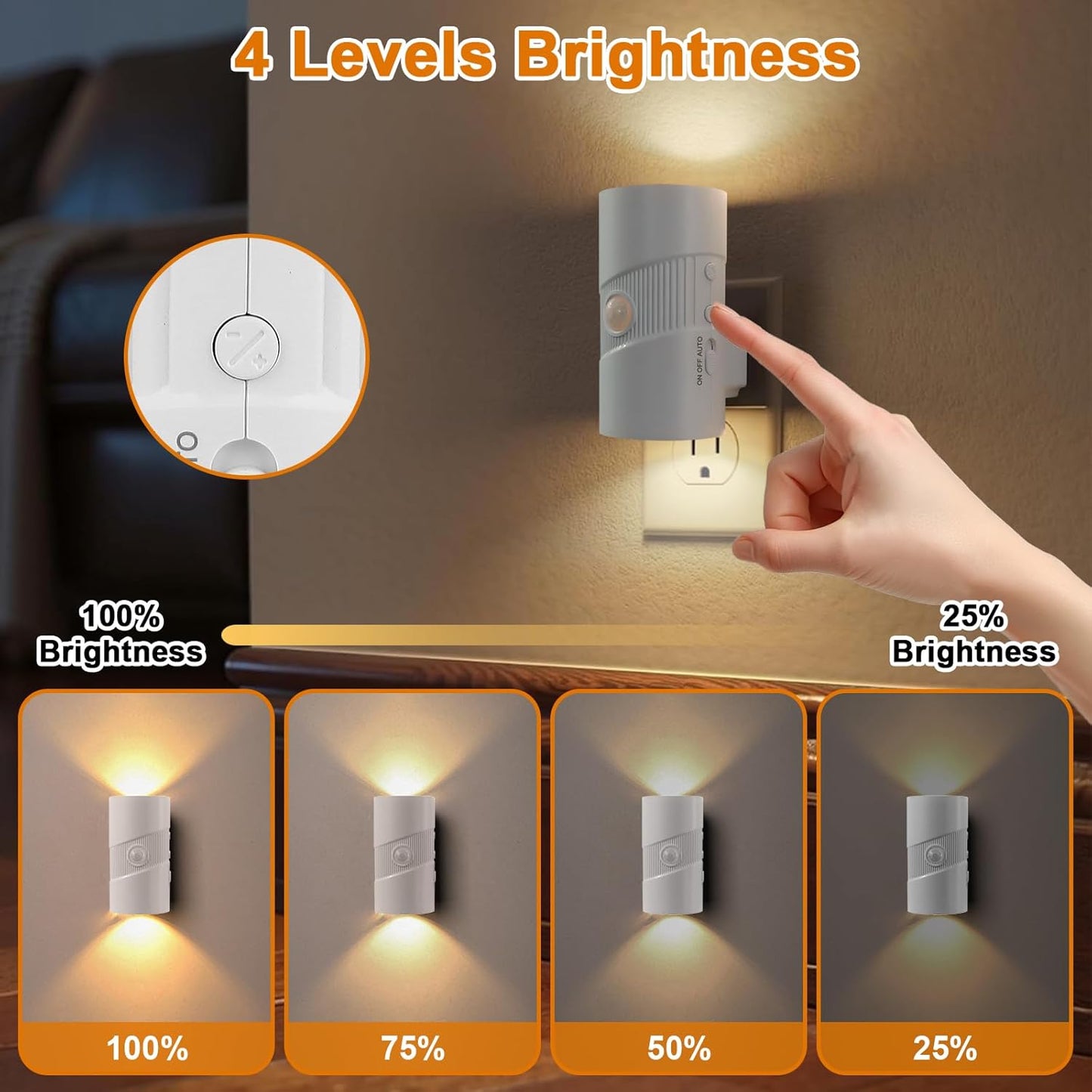 LED Night Light Plug in, Modern Night Lights Plug into Wall, Motion Activated Night Light, 0-100LM Soft White 3000K, Adjustable Brightness Night Lights for Hallway Bedroom Stairway, 2 Pack