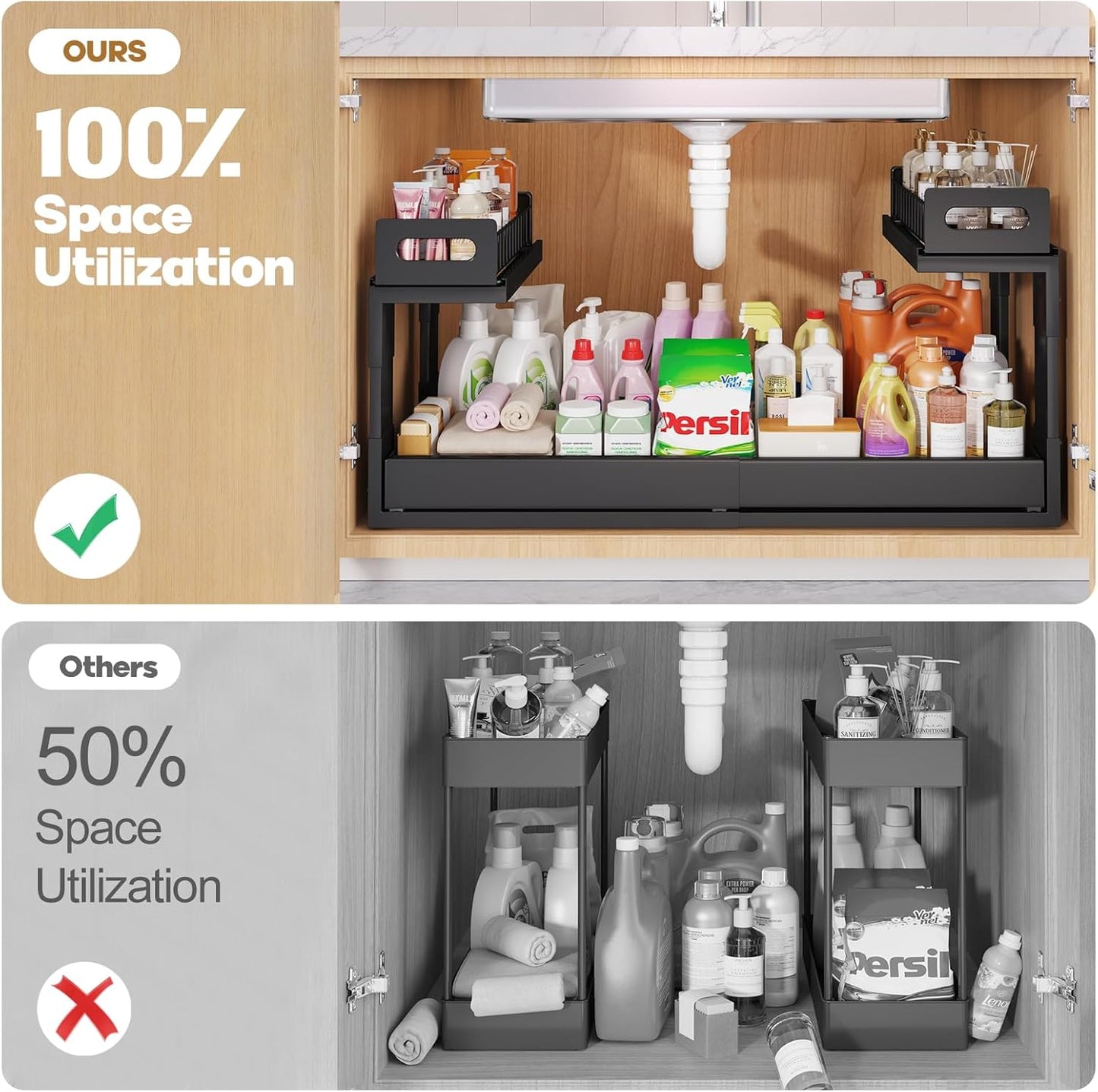 1 Pack Expandable Under Sink Organizers And Storage With Upgrade Ball-Bearing Slide Tracks,2-Tier Pull Out Under Cabinet Organizer Height Adjustable,Slide Out Under Sink Drawers-Black(Patent Pending)