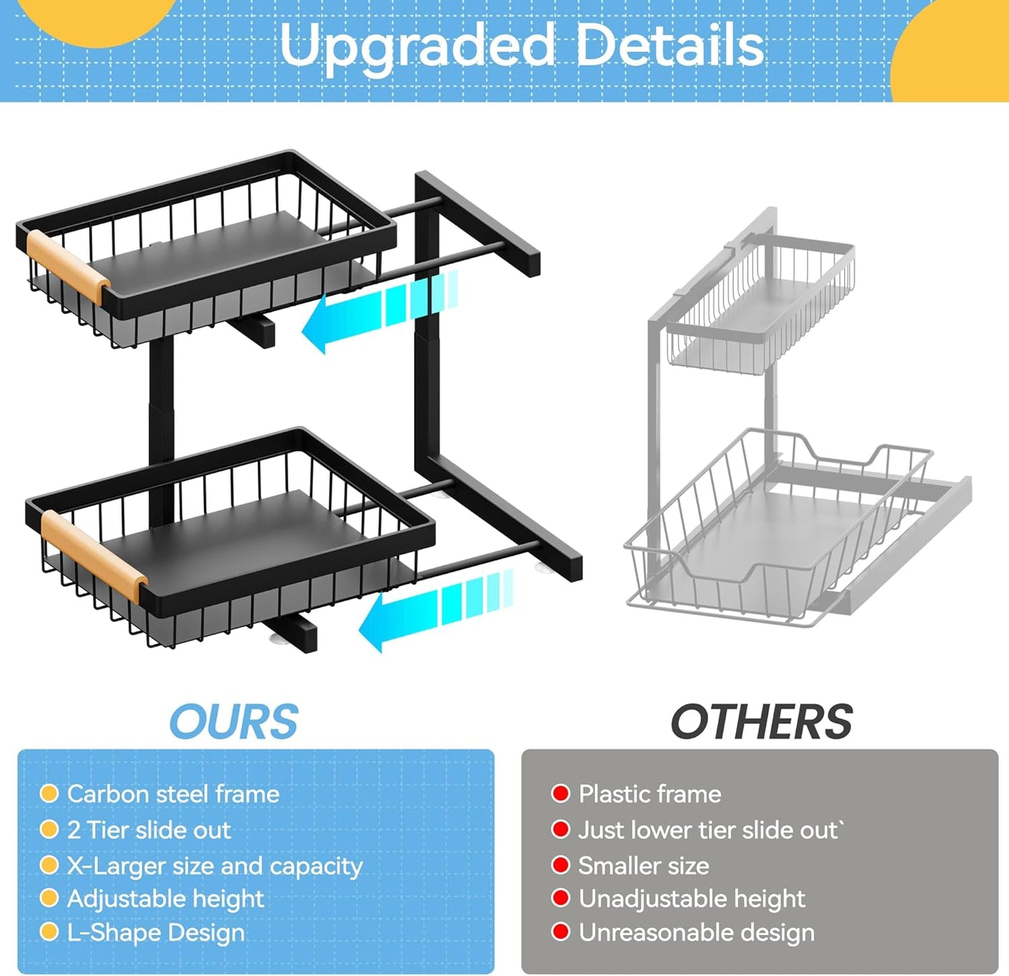 ADBIU Under Sink Organizer 2 Pack, Adjustable Height (11"-15.75") Under Cabinet Storage, 2 Tier Pull Out Sliding Drawers for Kitchen Bathroom, Heavy Duty Metal Shelf, White