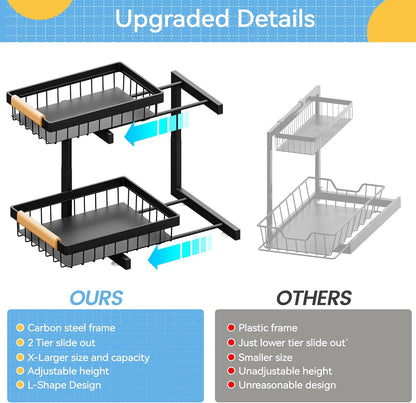 ADBIU Under Sink Organizer 2 Pack, Adjustable Height (11"-15.75") Under Cabinet Storage, 2 Tier Pull Out Sliding Drawers for Kitchen Bathroom, Heavy Duty Metal Shelf, White