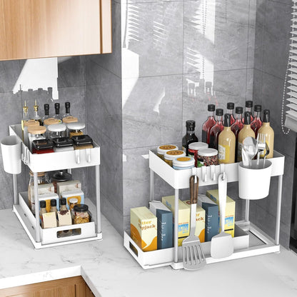 2 Pack Under Sink Organizer with Pull-Out Drawer, Black | 2-Tier Cabinet Storage, Kitchen & Bathroom, Tool-Free Assembly, Fits Cleaning Supplies & Toiletries, Space Saving