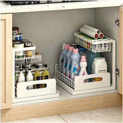 2 Pack Under Sink Organizer, 3-Tier Pull Out Kitchen Cabinet Organizer with 5 Adjustable Heights Metal Slide Out Bathroom Storage Makeup Drawer Rack for Bedroom Office Pantry Home Organization, White