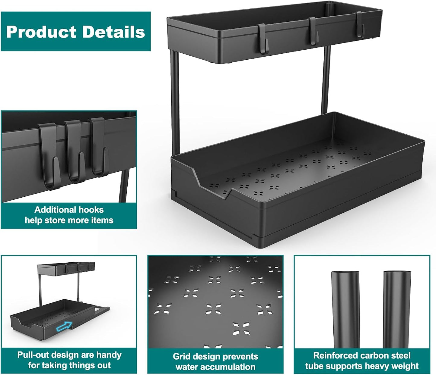 NATURE'S SOURCE 2 Pack Under Sink Organizer 2 Tier Sliding Cabinet Organizers Multi-Purpose Sink Storage Basket L-Shape Narrow Space Storage Shelves with 4 Hook for Kitchen Bathroom Drawer, Black