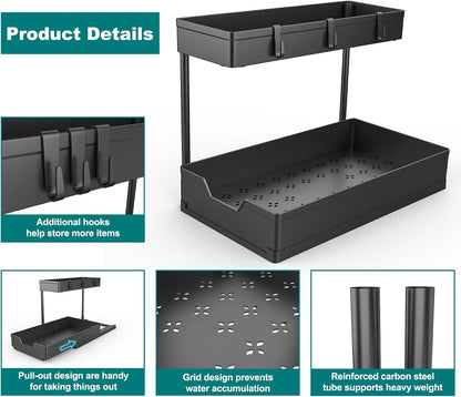 NATURE'S SOURCE 2 Pack Under Sink Organizer 2 Tier Sliding Cabinet Organizers Multi-Purpose Sink Storage Basket L-Shape Narrow Space Storage Shelves with 4 Hook for Kitchen Bathroom Drawer, Black