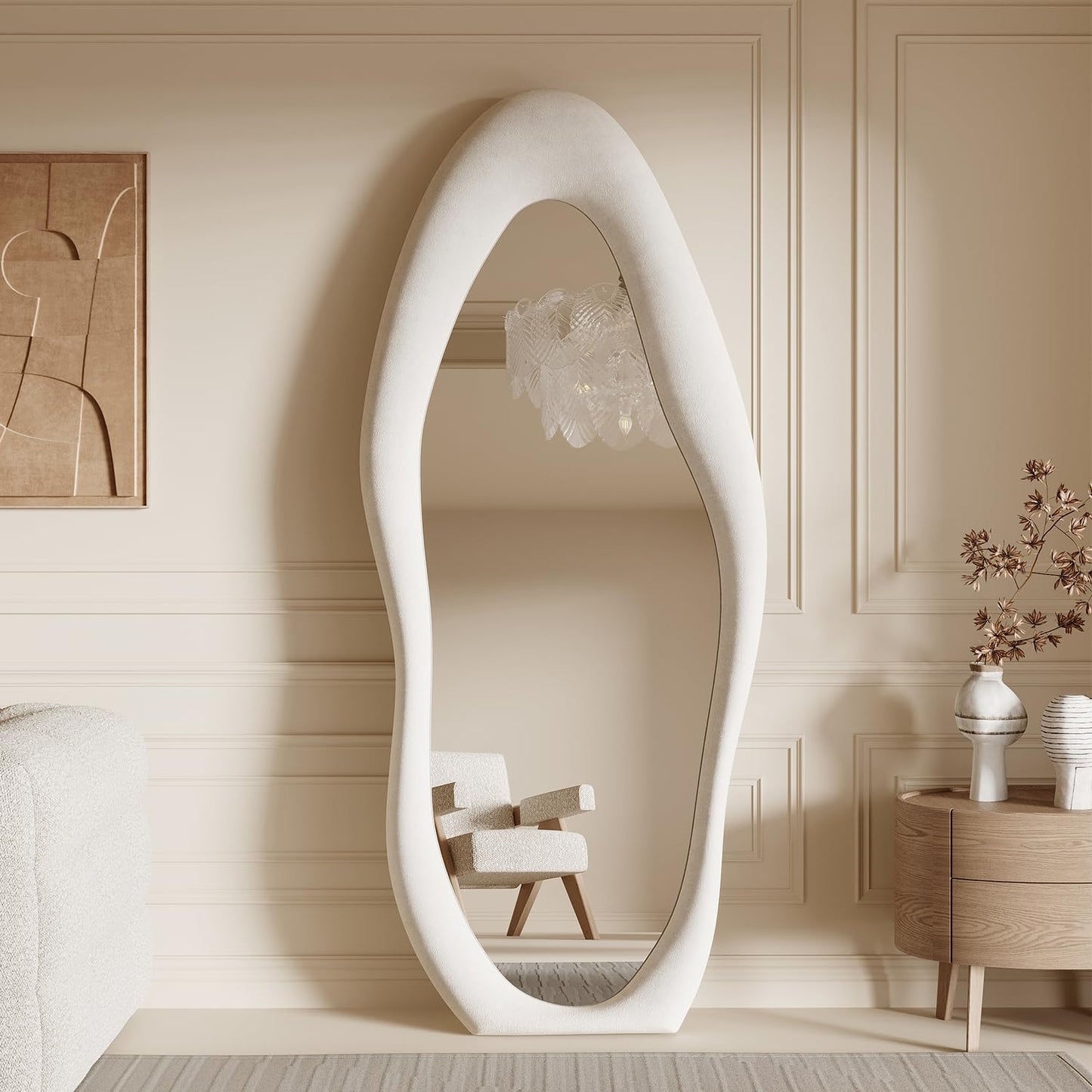 Honyee Full Length Mirror, 63" x 24" Wall Mirror, Flannel Wrapped Wooden Frame Floor Mirror, Irregular Wavy Mirror Hanging or Leaning Against Wall for Cloakroom/Bedroom/Living Room, Milk Tea