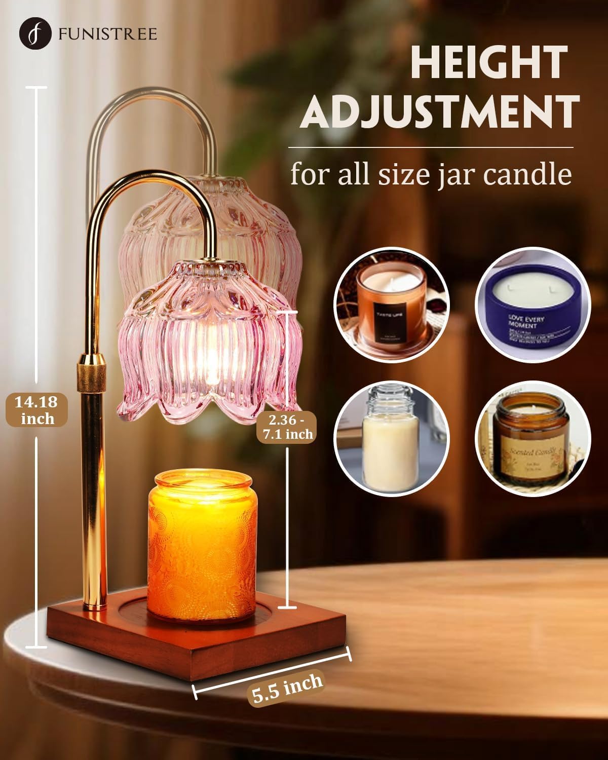 Funistree Flower Candle Warmer Lamp with Timer & Dimmer, Adjustable Height Candle Warmer, Christmas Birthday Gifts for Women Mom, House Warming New Home Decor, Wax Warmer with 2 Bulbs for Jar Candles