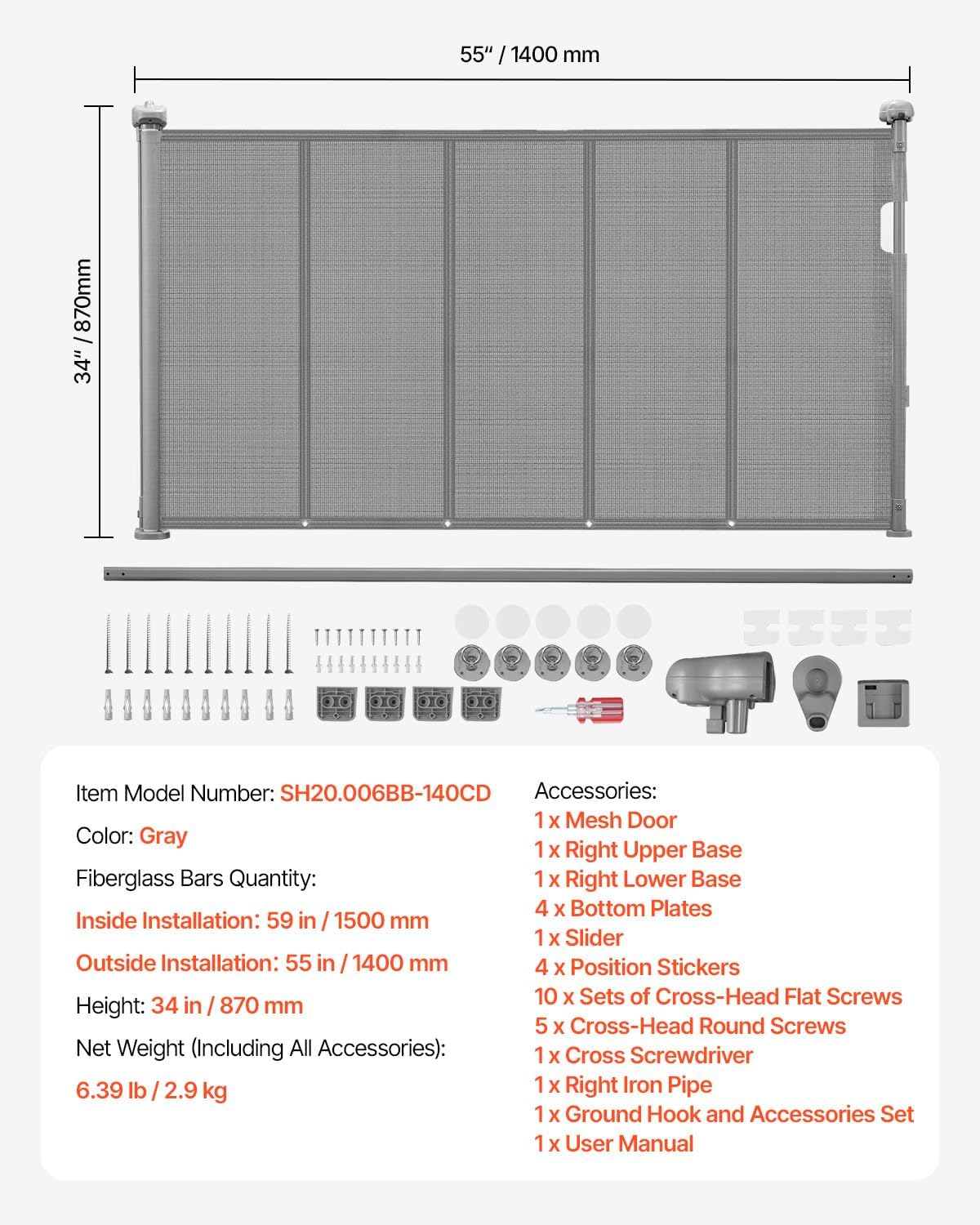 VEVOR Retractable Baby Gate, 34 inch Tall, Extends up to 71 inch Wide, Retractable Gate for Kids or Pets, Mesh Material, Easy to Install for Indoor Stairs, Doorways, Hallways, Playrooms, Gray