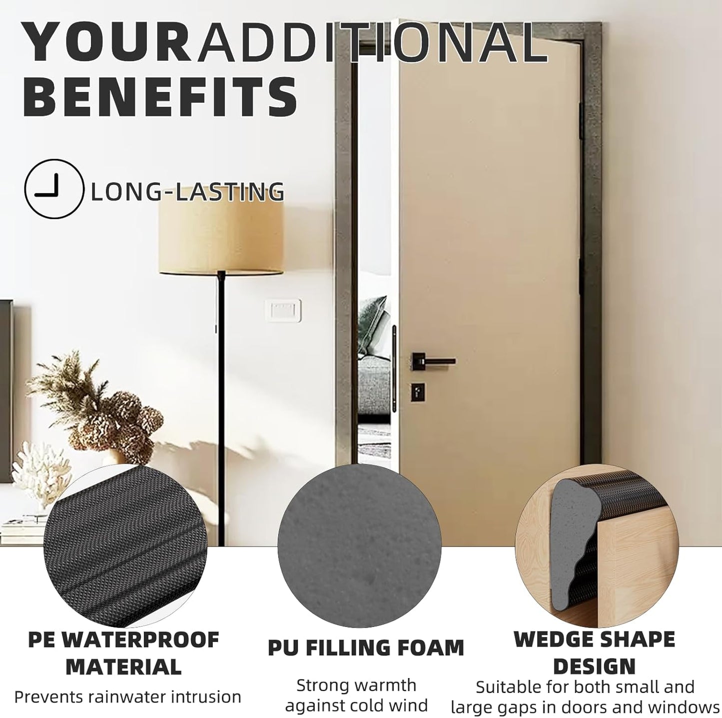 118 Inch Wedge-Shape Weather Stripping Door Seal,Windows and Doors Insulation for Winter,Self Adhesive Insulation Tape for Exterior Front Door,Noise Cancelling,Draft Seal Blocker,White