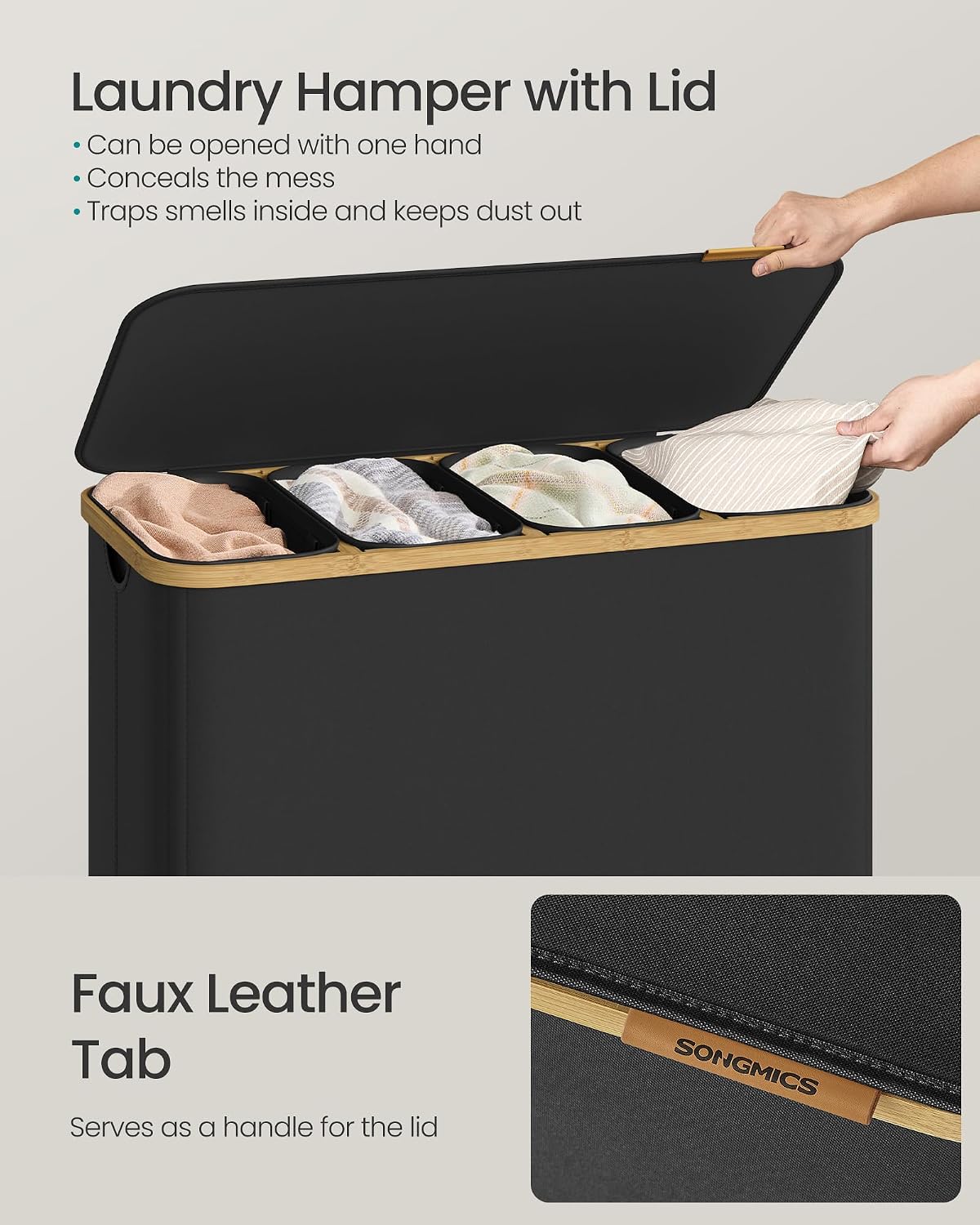 SONGMICS Laundry Hamper, Laundry Sorter with Lid, Storage Basket Bin, Removable Liners, Bamboo Frame, for Bedroom, 3 Sections, 44.9 Gal. (170 L), Ink Black ULCB533BH01