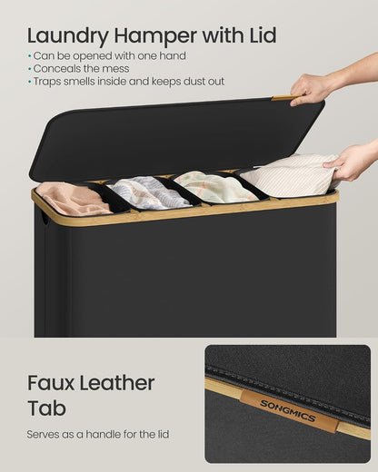 SONGMICS Laundry Hamper, Laundry Sorter with Lid, Storage Basket Bin, Removable Liners, Bamboo Frame, for Bedroom, 3 Sections, 44.9 Gal. (170 L), Ink Black ULCB533BH01