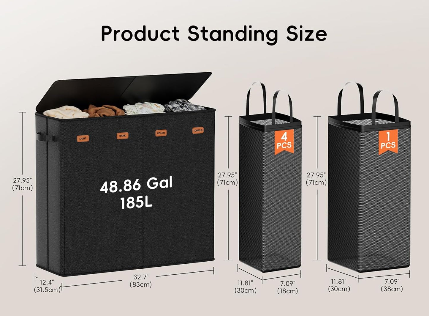 185L Laundry Hamper 3 Section, Laundry Hamper with Lid, Dirty Clothes Hamper with 3 Removable Washing Bags, Extra Large Laundry Basket Organizer for Bedroom, Laundry Room, Dorm - Black