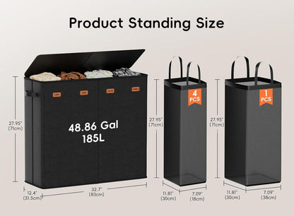 185L Laundry Hamper 3 Section, Laundry Hamper with Lid, Dirty Clothes Hamper with 3 Removable Washing Bags, Extra Large Laundry Basket Organizer for Bedroom, Laundry Room, Dorm - Black